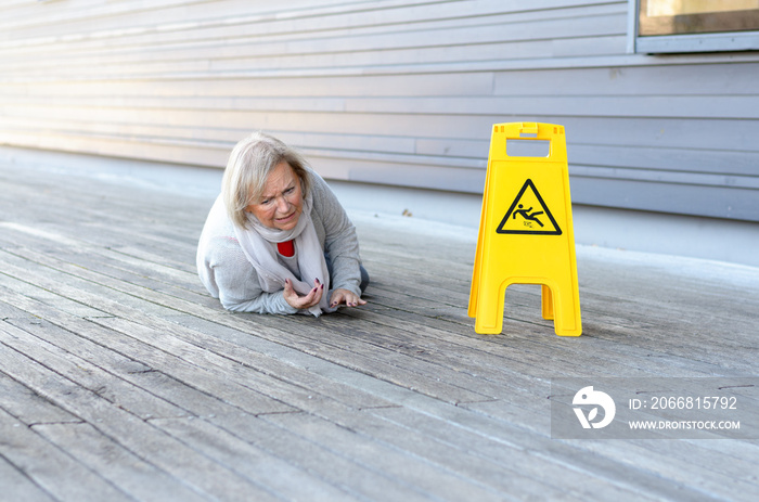 Senior lady slipping and falling on a wet surface