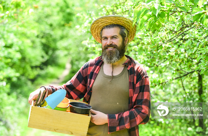 harvesting and agriculture. mature man on ranch. world earth day. ecology and environment protection. Gardening. Set Of Tools For Gardener And Flowerpots. planting at home