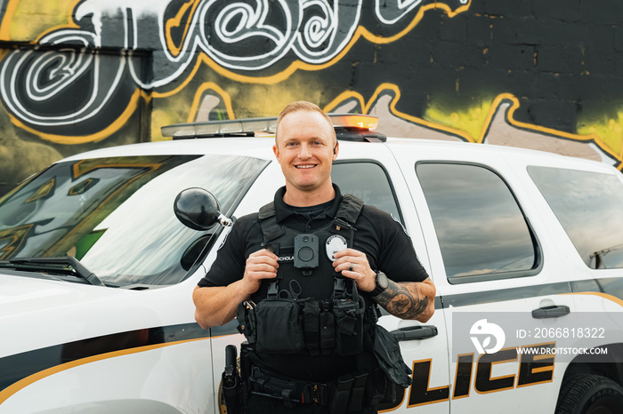 Horizontal image of white male caucasian police officer posing and smiling in front of his cop car with graffiti wall backdrop.