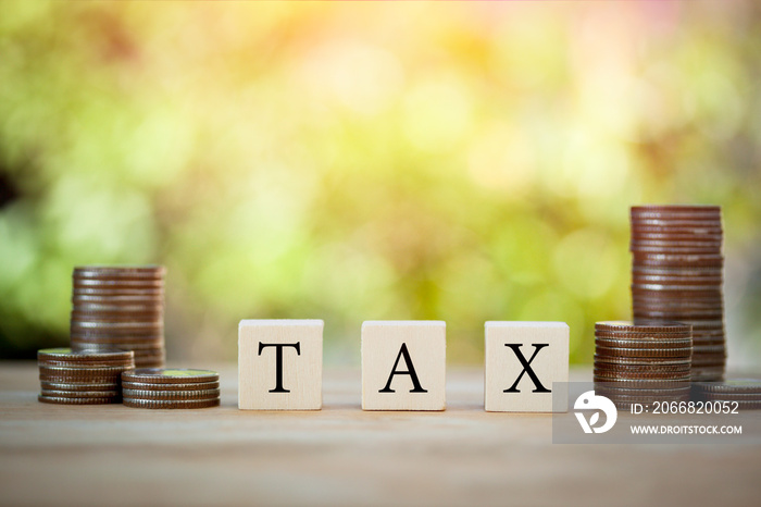 Wooden block on stack coins to show TAX concept, keep money, growing economic, plan for the future isolated on bokeh background.