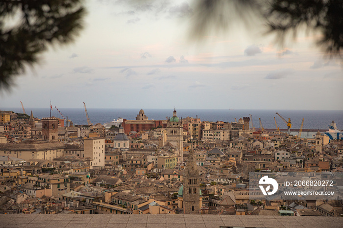 spectacular views of the historic city center of Genoa from Castelletto at sunset