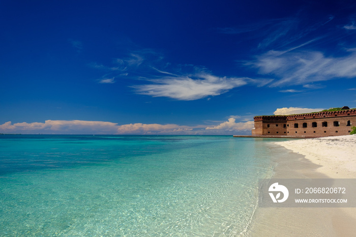 The crystal clear waters of the Gulf of Mexico surround Civil War Historic Fort Jefferson in the Dry Tortugas