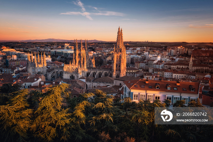 Burgos Cathedral and city panorama at sunset. Burgos, Castile and Leon, Spain.