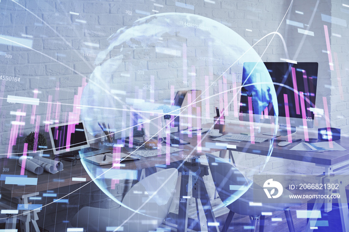 Multi exposure of stock market chart drawing and office interior background. Concept of financial analysis.