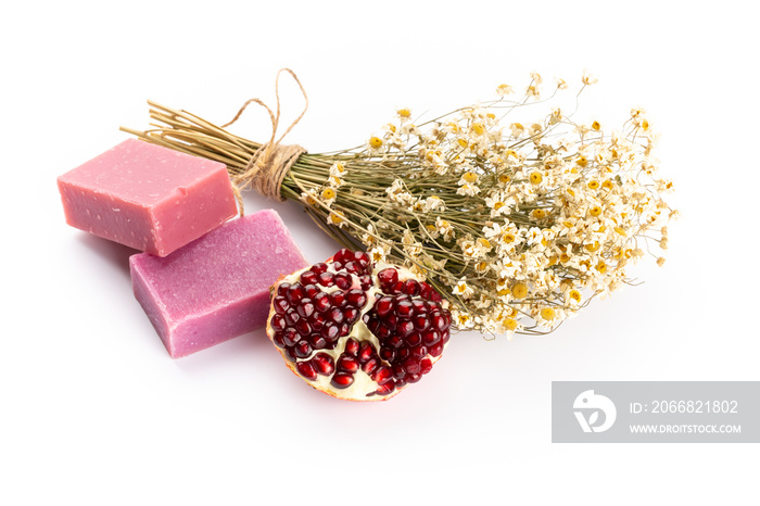 lavender spa products with pomegranate, lavender flowers on a isolated background.