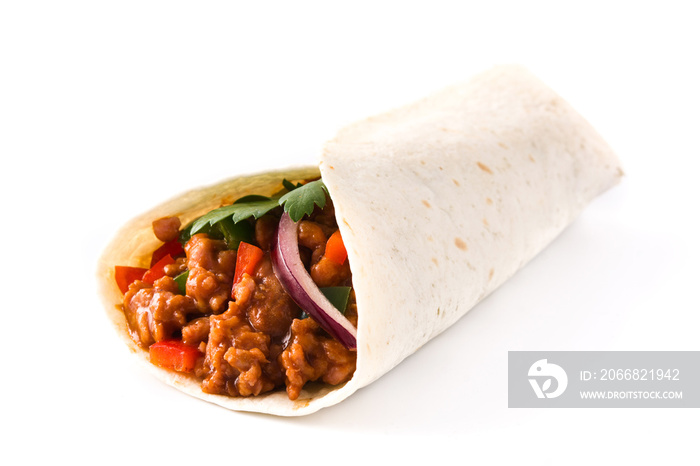 Typical Mexican burrito wrap with beef, frijoles and vegetables isolated on white background.