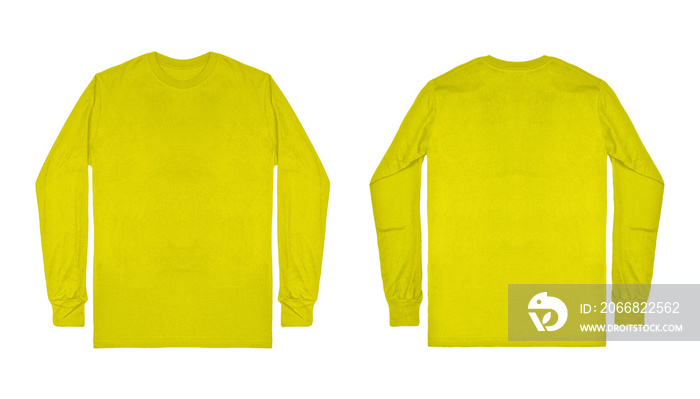 Blank plain yellow long sleeve t shirt front and back view isolated on white background. Set of long sleeve tee, ready for your mockup design