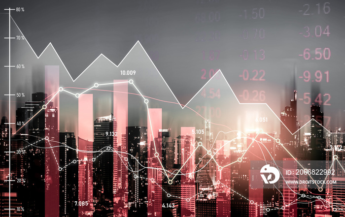 Economic crisis concept shown by digital indicators and graphs falling down with modernistic urban, city area. Double exposure. Stock market crash concept.