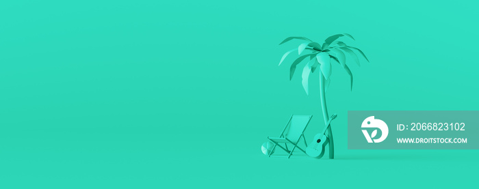 Beach chair and guitar under a palm tree on green background. Creative minimal summer concept idea 3D Render 3D illustration