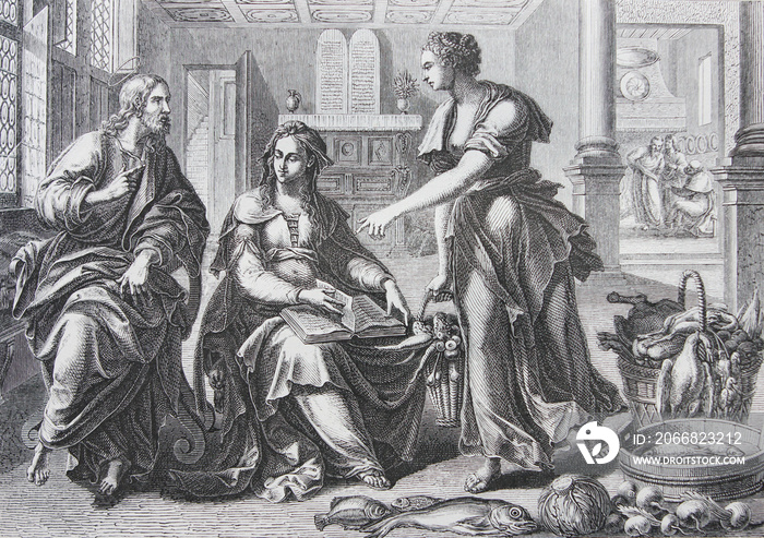 Jesus with Martha and Maria by Martin de Vos engraved in a vintage book History of Painters, author Jules Benouard, 1864, Paris