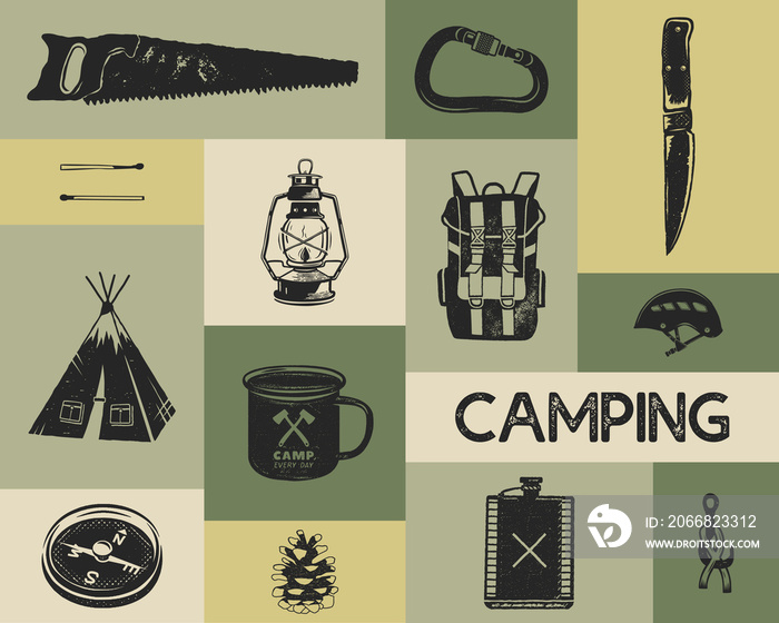 Camping icons set in silhouette retro style. Monochrome travel symbols, hiking shapes with tent, saw, compass etc. Stock elements collection