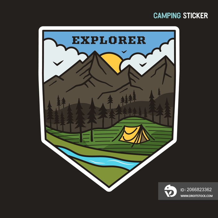 Camping adventure sticker design. Travel hand drawn logo emblem. State park label isolated. Stock Explorer graphics