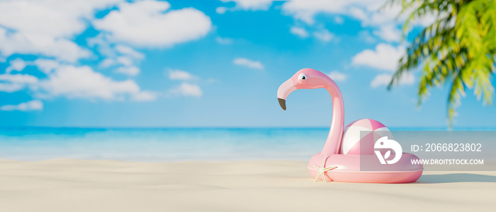 Pink flamingo life belt and rubber ball on the sand beach. Travel on summer vacation concept 3d render 3d illustration