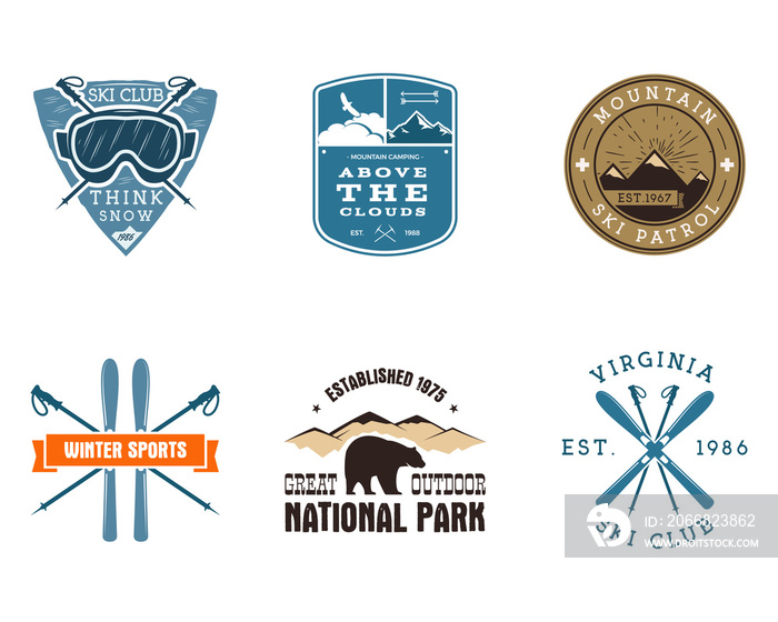 Set of Ski Club, National Park Labels. Vintage Mountain winter camping explorer badges. Outdoor adventure logo design. Travel and hipster color insignia. Snowboard icon symbol. Wilderness.