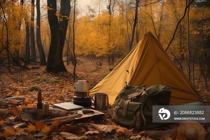 A survival kit and tent are seen in the midst of autumn leaves, suggesting preparation for a camping trip during the season.