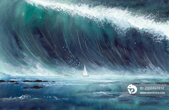Watercolor picture of a sailing boat  in storm with gigantic green wave and white sea foam