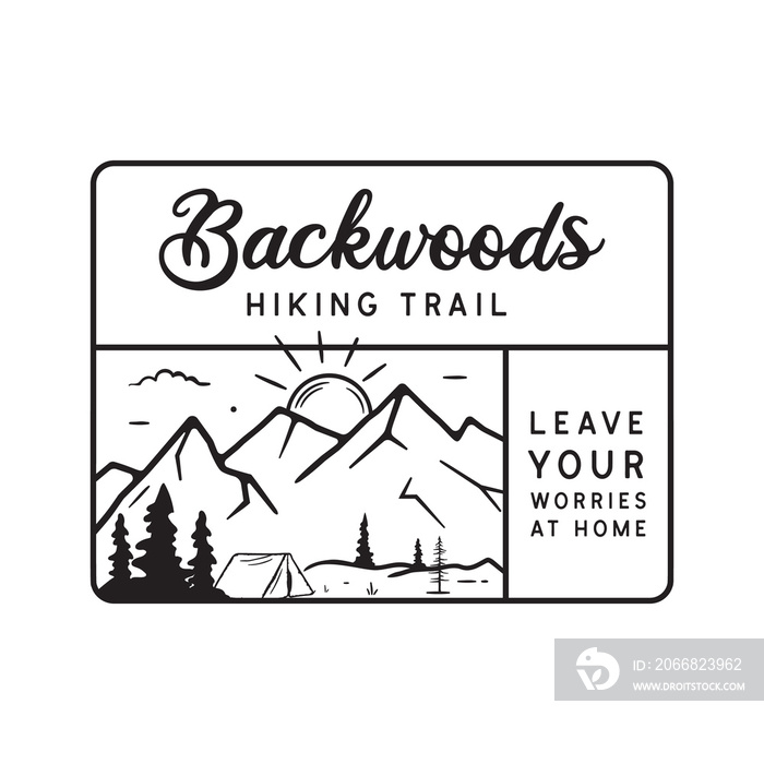 Vintage camping adventure logo emblem illustration design. Outdoor label with tent, mountain scene and text - Backwoods Hiking Trails. Unusual linear style sticker. Stock .