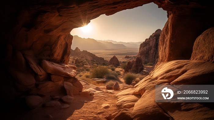 Opening in the rock, sun shines near the arch, a desert in the background., in the style of light beige and orange.