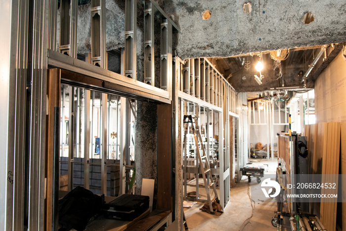 Unfinished interior work: full of bases for partition walls, Light gauge metal stud framing