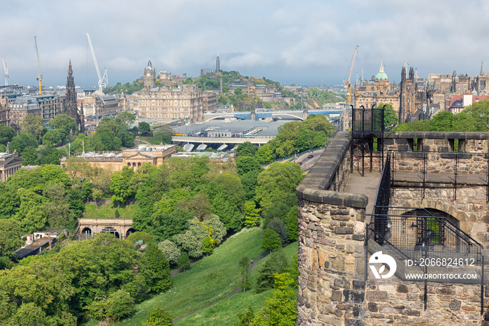 Aerial view at city of Edinburgh with Waverley station from Edinburgh castle