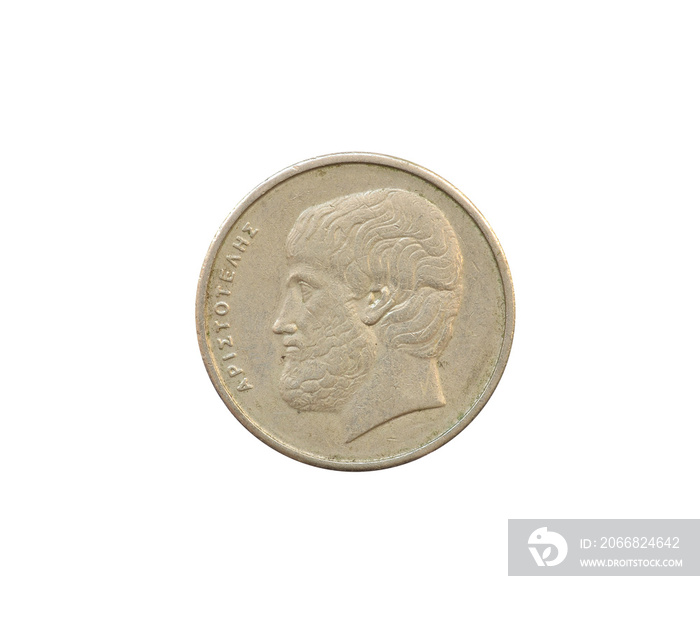 Obverse of 5 Drachma coin made by Greece, that shows The portrait of Aristotle