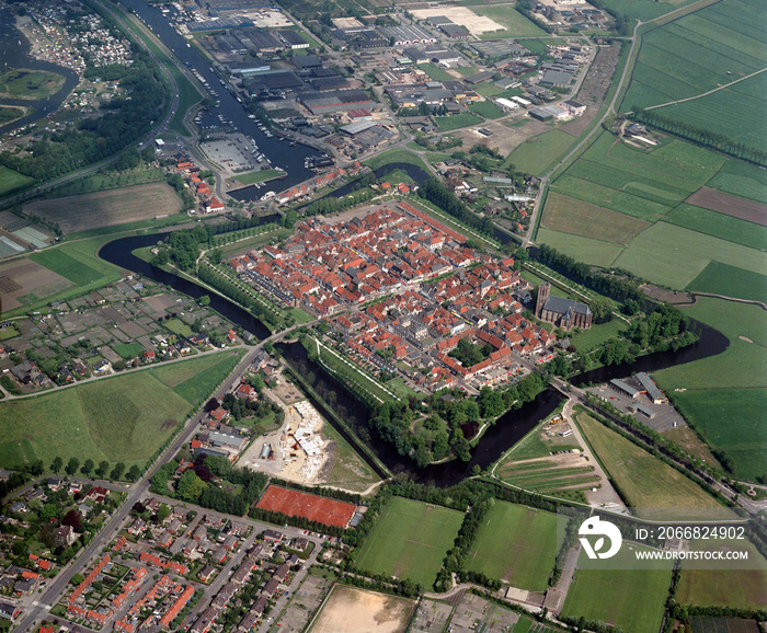 Elburg, Holland, May 15 - 1989: Historical aerial photo of the fortified city and Hanzestad Elburg, Holland