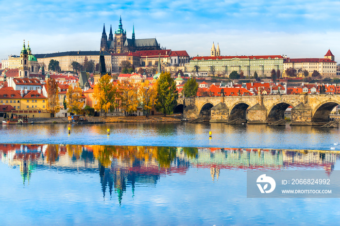 Prague, Charles Bridge, the Castle and St. Vitus Cathedral.