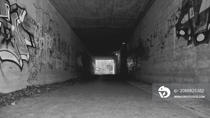 Tunnel mit Graffiti Schwarz Weiss