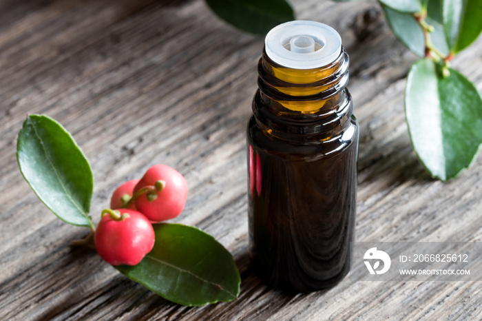 A dark bottle of wintergreen essential oil on a wooden background