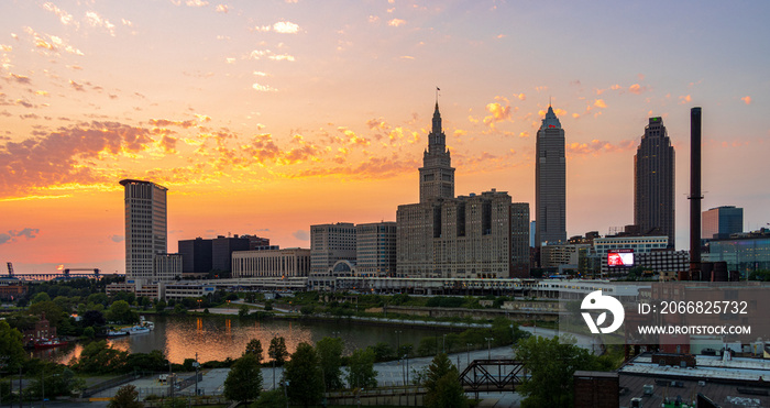 Cleveland Skyline with Freighter on the River - Sunset