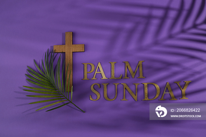 Palm sunday background. Cross and palm on purple background.