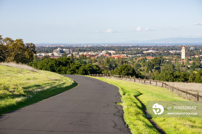 View towards Stanford University and Redwood city from the Stanford dish hills, San Francisco bay area, California