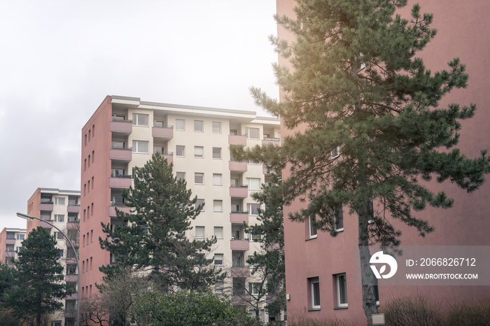 social housing in Berlin, red skyscrapers