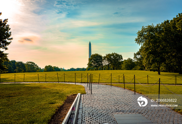 View of Washington Monument from Vietnam Memorial Park in Washington DC.