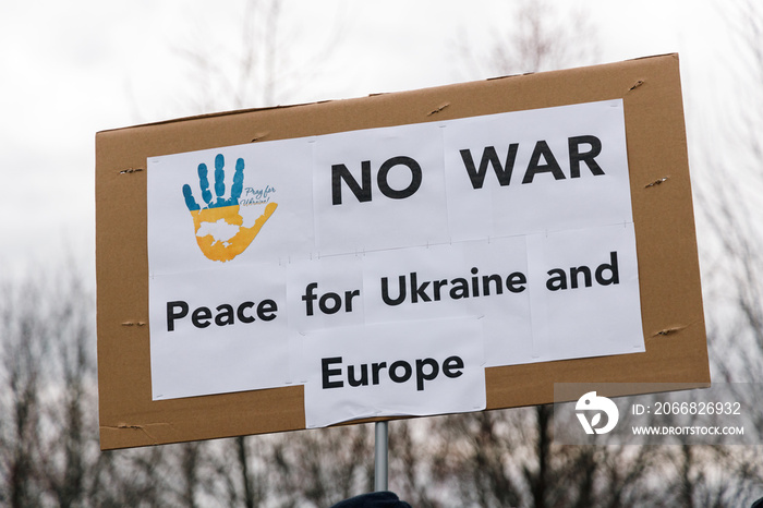 No war, Stop War signs at a demonstration against the invasion of Ukraine