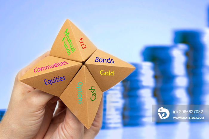 Paper fortune teller with financial choices for an investor. Many options to invest into.