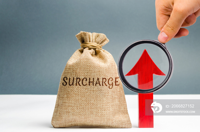 A cash bag with the word Surcharge and a red up arrow. Increase in fine and penalties for violating. The system of cumulative penalties. Progressive system. Evaluation of the effectiveness of fines.