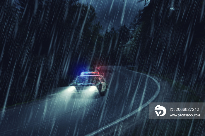 USA police car at work at night in the forest, heavy rain, motio