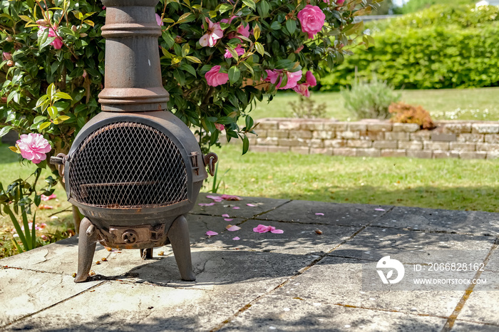 Rusty wood burning patio heater on paving slabs in front of a camelia bush on a sunny day