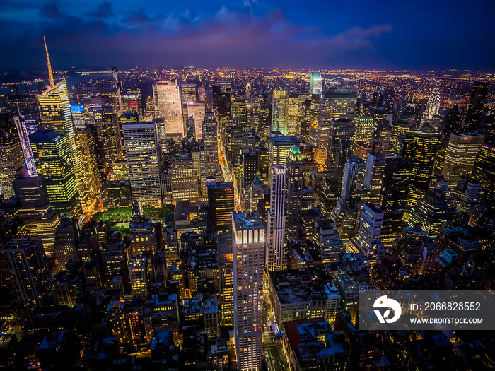 Wide angle view of upper Manhattan after dusk as seen from the top of the Empire State Building