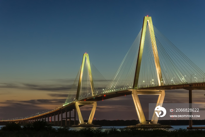 Arthur Ravenel Jr. Bridge at sunset looking from Mt. Pleasant to downtown Charleston, South Carolina