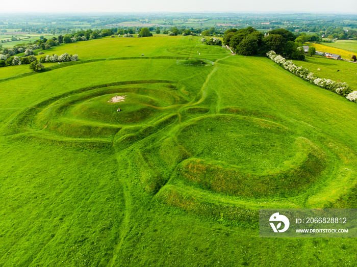 Aerial view of the Hill of Tara, an archaeological complex, containing a number of ancient monuments used as the seat of the High King of Ireland, County Meath, Ireland