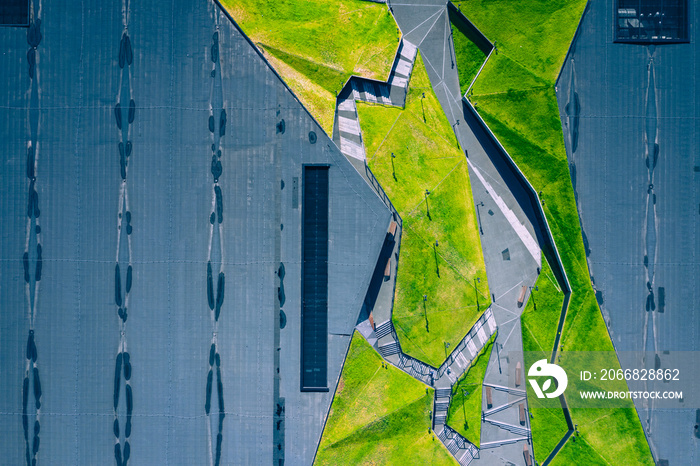 Katowice city center architecture. Aerial view of green grass terraces. Upper Silesia, Poland.