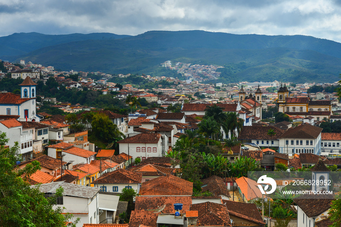 A panoramic view of the historic town of Mariana, Minas Gerais, Brazil