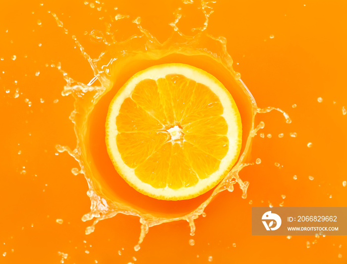 Falling of orange piece into juice, top view