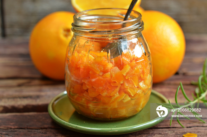 Candied orange peel in a glass jar