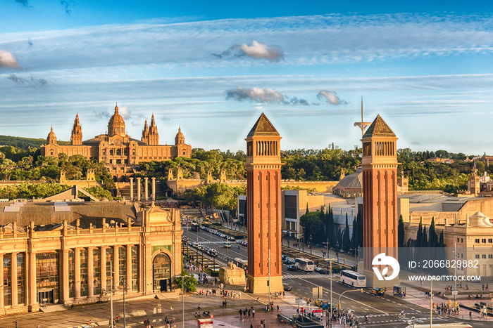 Aerial view of Placa d’Espanya, landmark in Barcelona, Catalonia, Spain