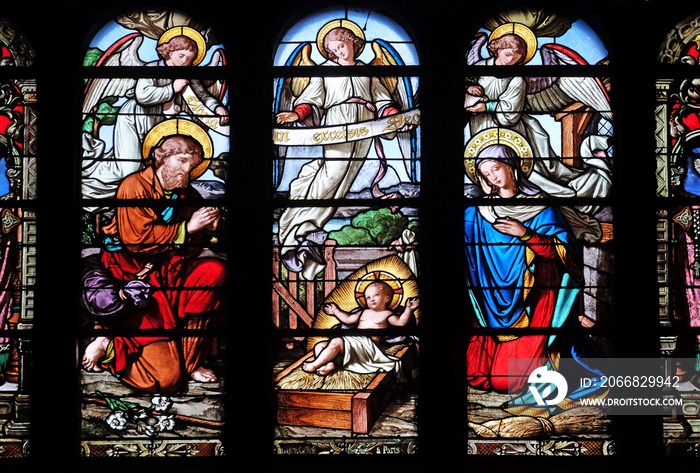 Nativity Scene, stained glass window in Saint-Eustache church in Paris, France