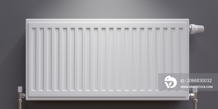 Gas heater, warm home. White radiator on grey wall, apartment heating installation system, 3d render