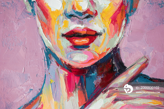 Fragment Oil portrait painting in multicolored tones. Abstract picture of a beautiful woman. Conceptual closeup of an oil painting and palette knife on canvas.